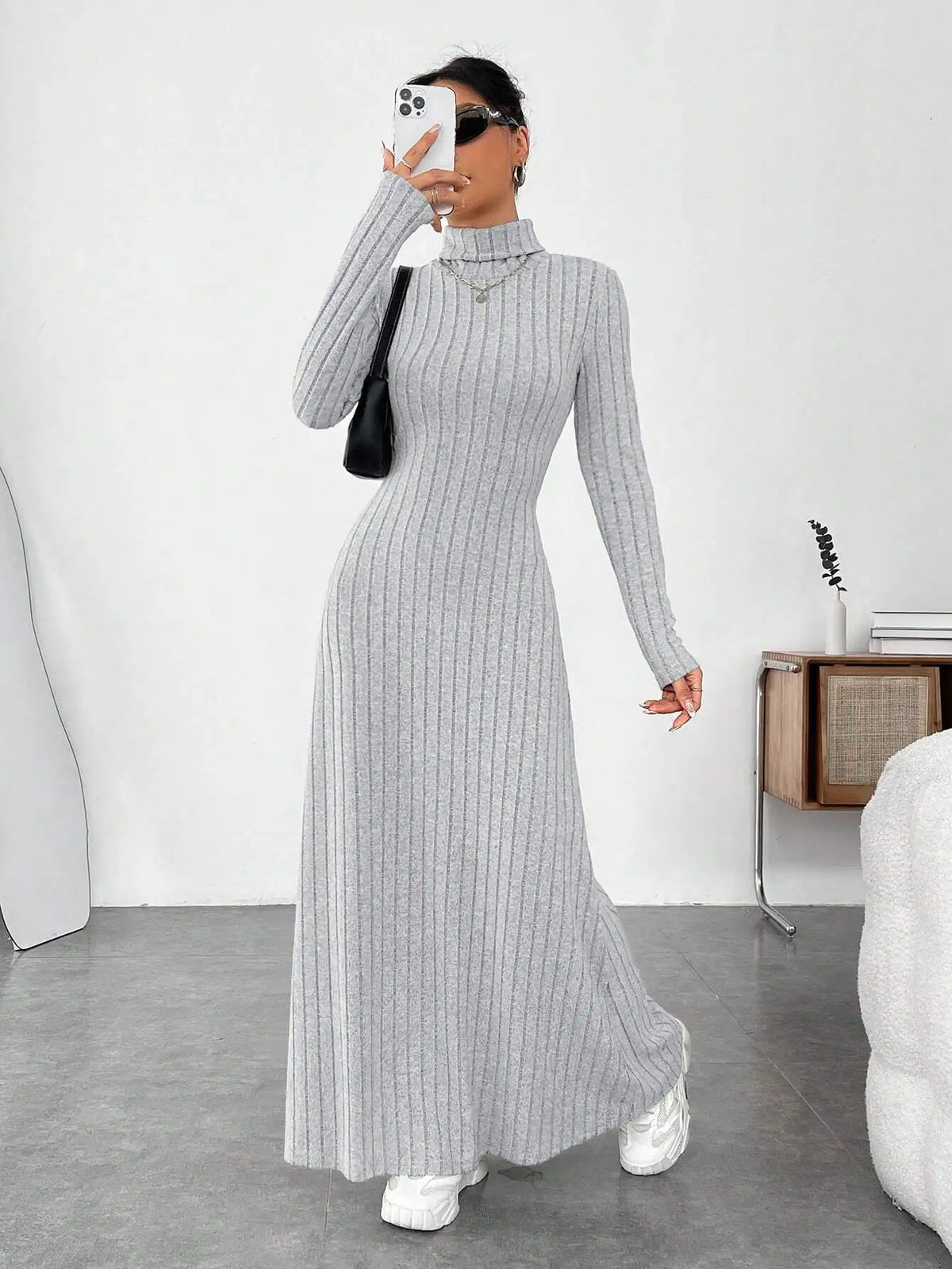 Women's Clothing 2025 Autumn/Winter Elegant Slim-Fit Turtleneck Solid Color Sweater Dress