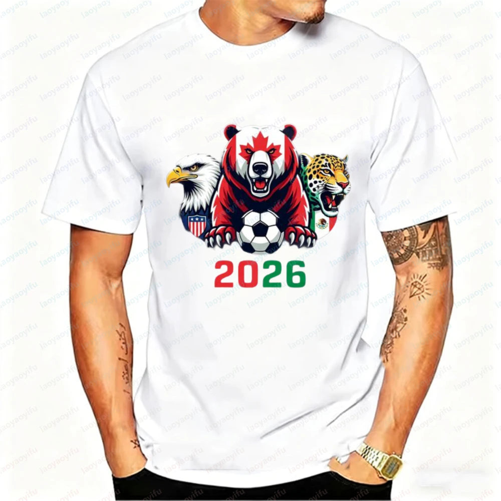 2026 North America Soccer T-Shirt for Men Women Bear Eagle Jaguar Mascot Graphic Tee Short Sleeve Cotton Tops for Football Fans