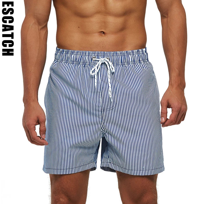 ESCATCH Fast Dry Men's Board Shorts Vertical Stripe New Arrival 2026 Summer Beach Surfing Breathable Mesh Liner Plus Size Shorts