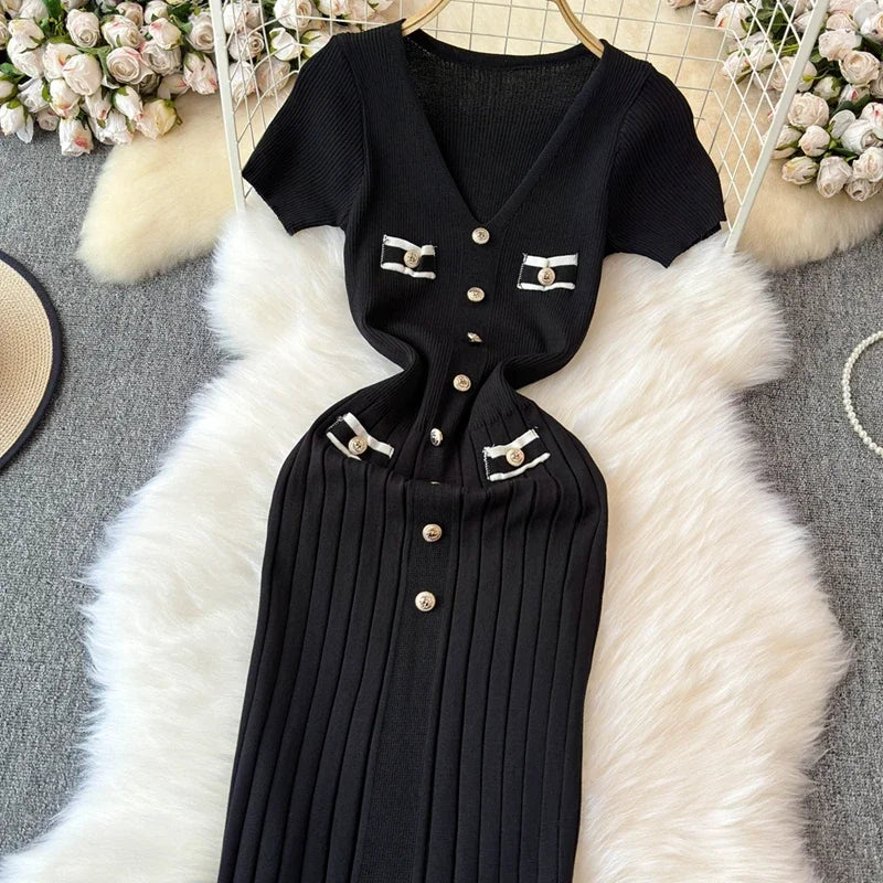 Elegant Knitted Long Dress Women Summer V Neck Single Breatsed Short Sleelve Bodycon Dresses Fashion Party Office Lady Vestidos