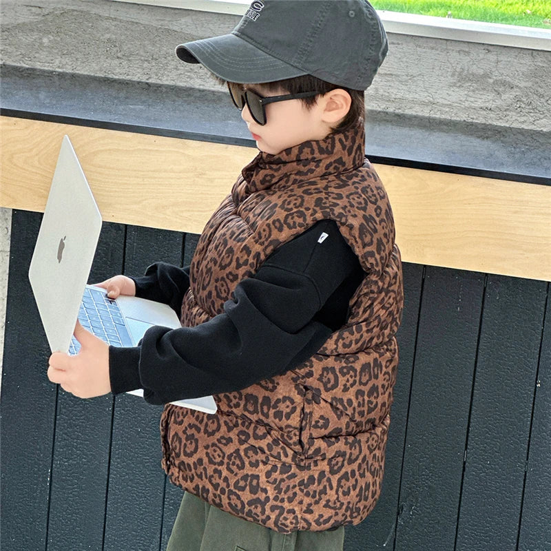 New Fashion Baby Boy Girl Leopard Print Sleeveless Vest Elegant Kids Children Winter Waistcoat Age 2 3 4 5 6 7 8 9 10 11 Years