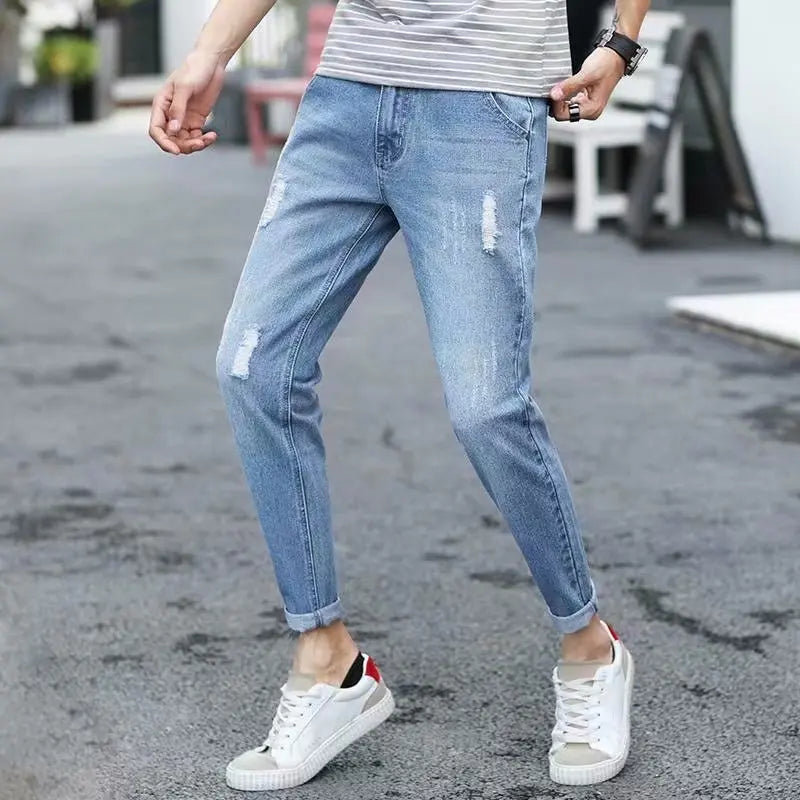 Men's Summer Thin Loose Straight Leg Jeans Casual Nine Point Ankle-Length Torn Elastic Cotton Denim Youth Fashion Wear