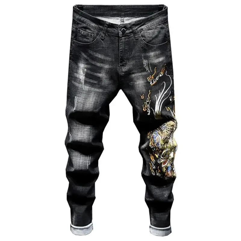 Jean imprimé homme 90s – Coupe ample streetwear noir ou bleu