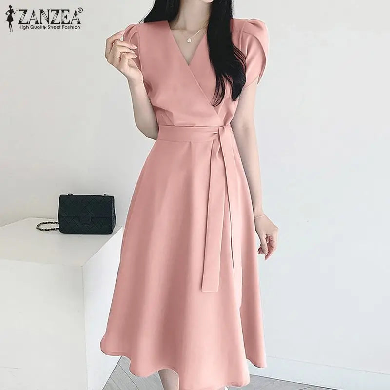 Women Fashion OL Work Sundress ZANZEA Elegant Summer Short Sleeve Dress Casual Solid A Line Vestido Kaftan Sarafans Robe Femme