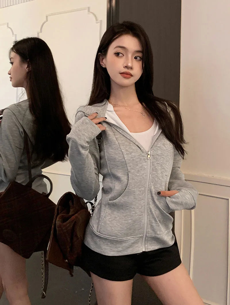 Sweat À Capuche Zipé Femme Slim – Poches Style Coréen Automne 2025