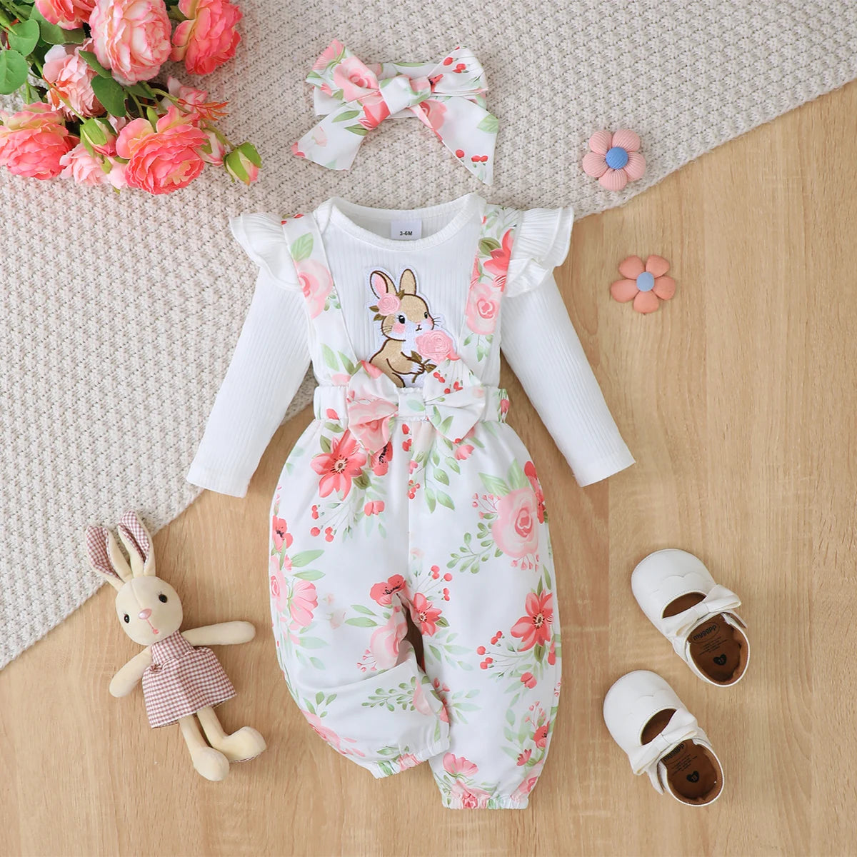 3Pcs Baby Girl Set Flying Sleeve Pit Strip jumpsuit+Printed Strap Pants+Headband Set 0-24 Months Baby Girl Spring Autumn Set