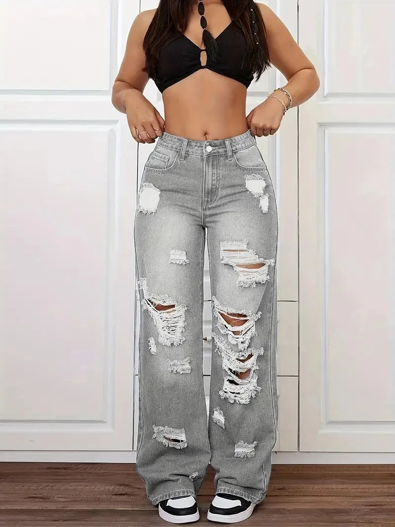 Jean femme taille haute déchiré – Coupe wide leg streetwear