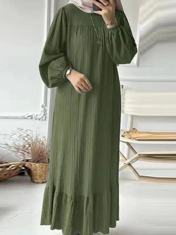 Robe Women's Spring Autumn New Fashion Bubble Sleeves Retro Comfortable Casual Breathable Pocket Ruffle Hem Knee High Dress