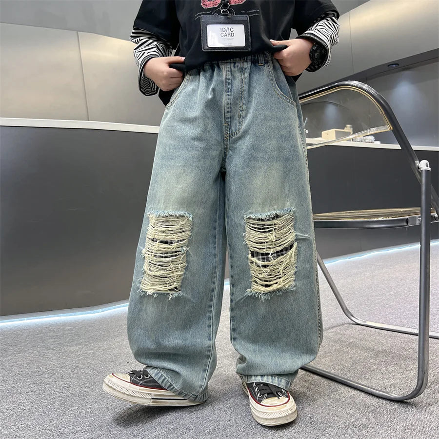 Distressed Designer Kids Desroyed Ripped Jeans Trousers with Holes On Knee for Boys Casual Broken Denim Pants 5 6 8 9 10 12 14 Y