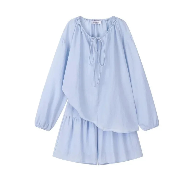 Plus-size Fashionable and Casual Women's Summer Outfit for Plus-size Loose Sunscreen Long-sleeved Top with Shorts Two-piece Set