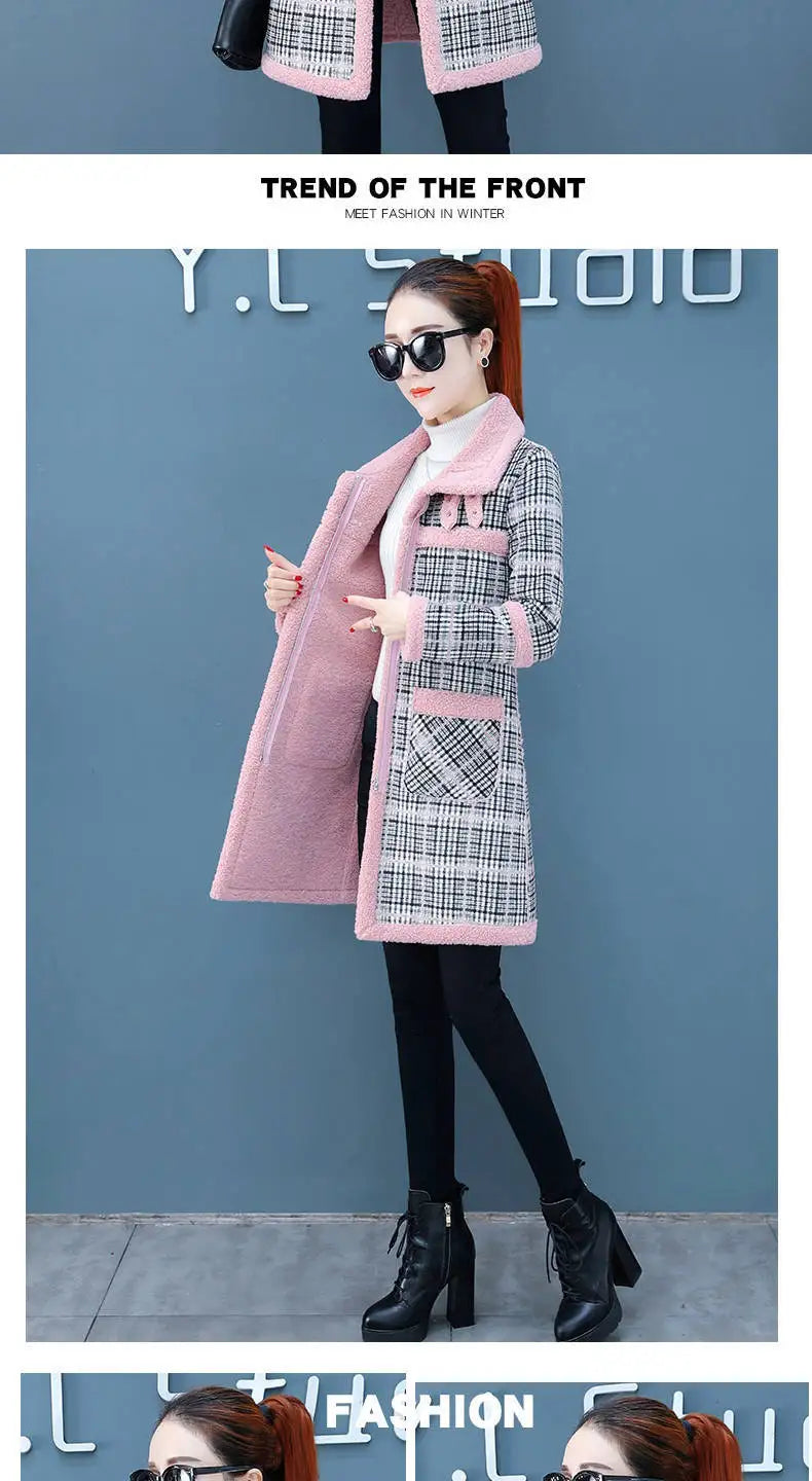 Manteau Long Laine Femme À Carreaux – Grande Taille Chaud Hiver Slim