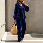 Women 2 Piece Outfit V Neck Button Decor Long Lantern Sleeve Top Wide Leg Pants Casual Fall Winter Matching Set With Pockets