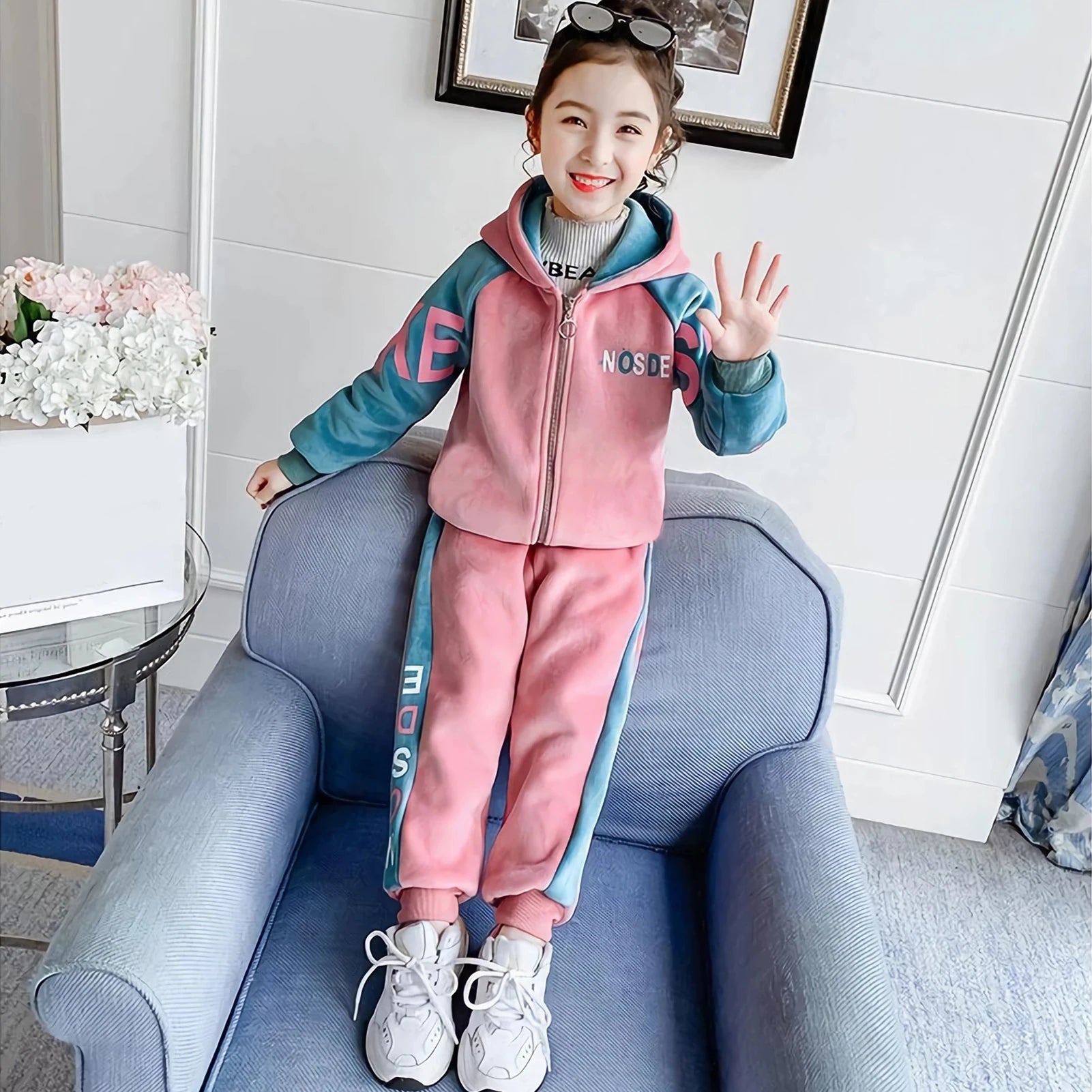 Kids Velvet Tracksuits,Cotton Jogging Suits,2-Piece Hooded Long Sleeve Sweatshirt + Pants Set,Girls Jacket,Casual Sports Wear