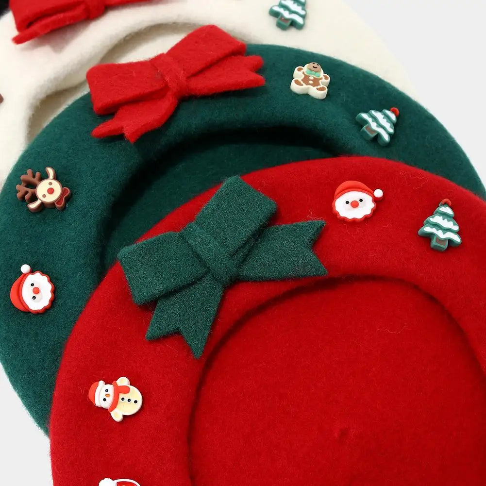 Fashion Christmas Beret Hat Red Green Sweet Christmas Beret Hat Wool Felt Dress Up Xmas Painter Hat New Year Gifts