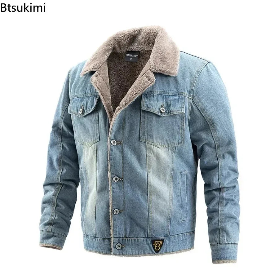 2026 Men's Vintage Denim Jacket Autumn Winter New Thicked Plush Liner Warm Loose Casual Lapel Neck Coat Male Fashion Jean Parkas