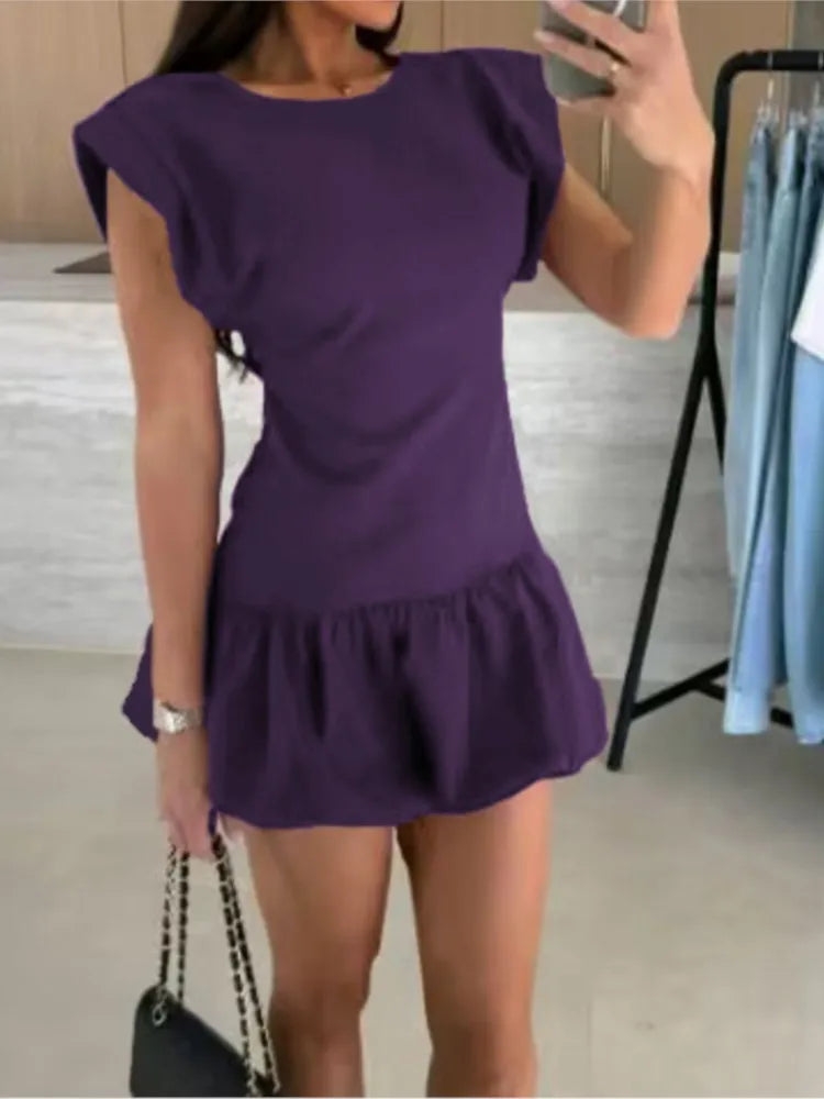 2026 Casual Dresses For Ladies A-line Dress Vestidos Simple Style Slim Ruffles Short Sleeves Solid Color All-match Simple Style