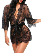 Women Sexy Lingerie Erotic Transparent V-Neck Lace Babydoll Nightwear