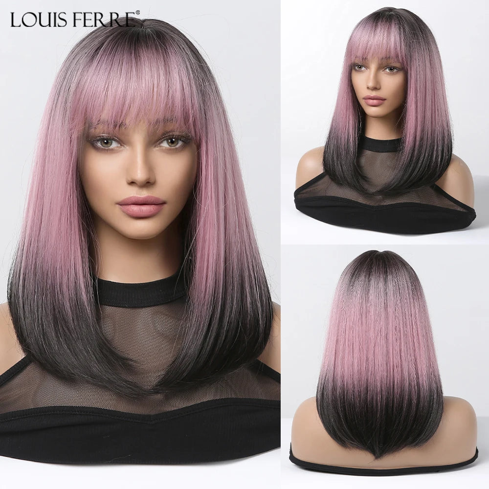 LOUIS FERRE Short Blonde Highlight Brown Bobo Wigs For Women Daily Cosplay Natural Straight Wig High Temperature Synthetic Wigs