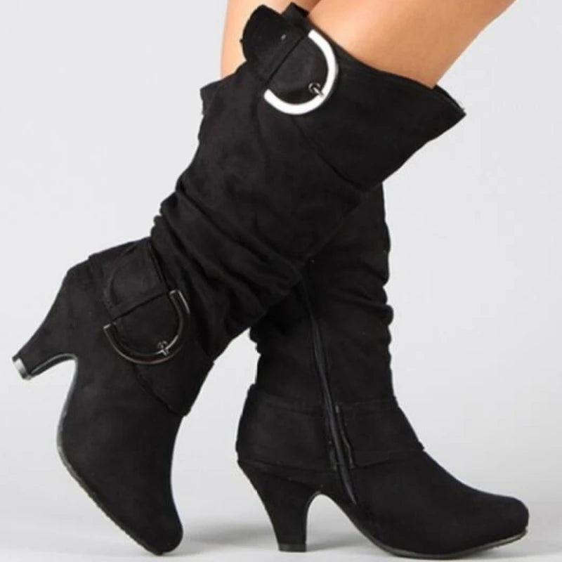 Bottes Cavalier Femme Velours Givré – Talon Aiguille Boucle Printemps Automne