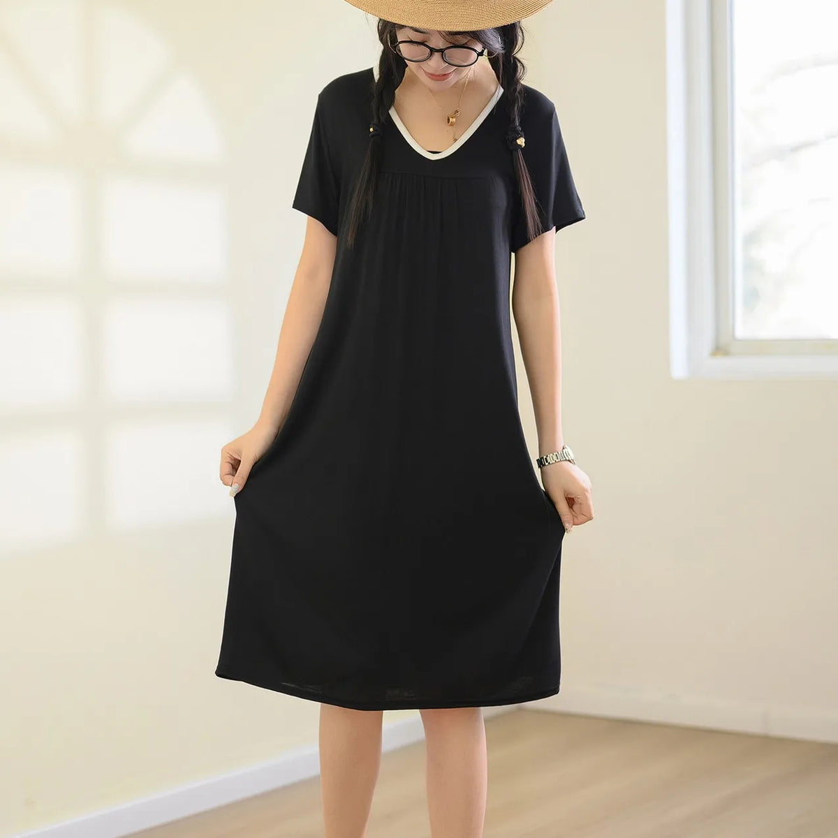 Plus size L to 6XL Modal V-Neck sleepdress summer women Loose homewear dress solid color casual long nightdress comfort homewear