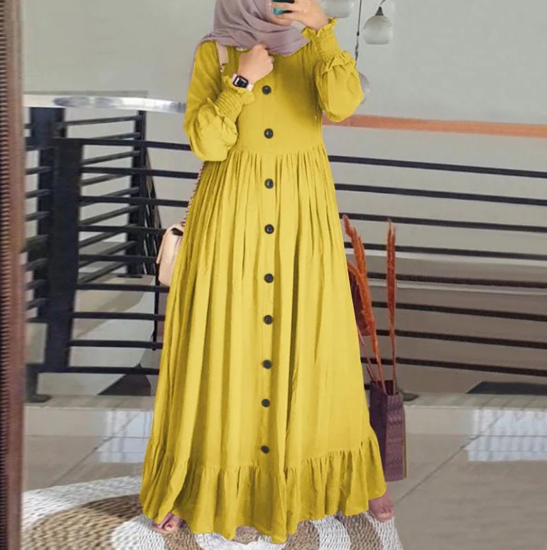 Retro Loose Large Round Neck Ruffle Dress, Arab Robe, Cotton and Hemp Art, Muslim Luxury Fashion, Spring and Autumn, New