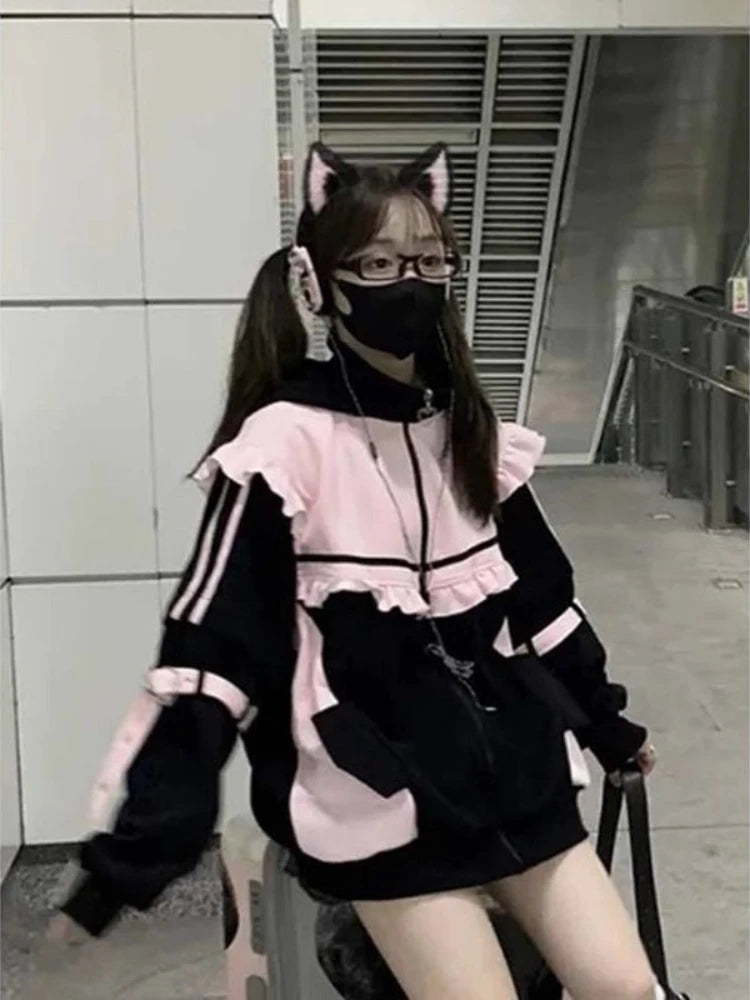 Sweat Oreilles de Chat Femme – Kawaii Harajuku Y2K Capuche Zipé Oversize