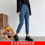 Velvet Thickened New Jeans Female Straight Pants Loose 2023 Winter Korean High-waisted Outside Wearing Warm Harun Pants