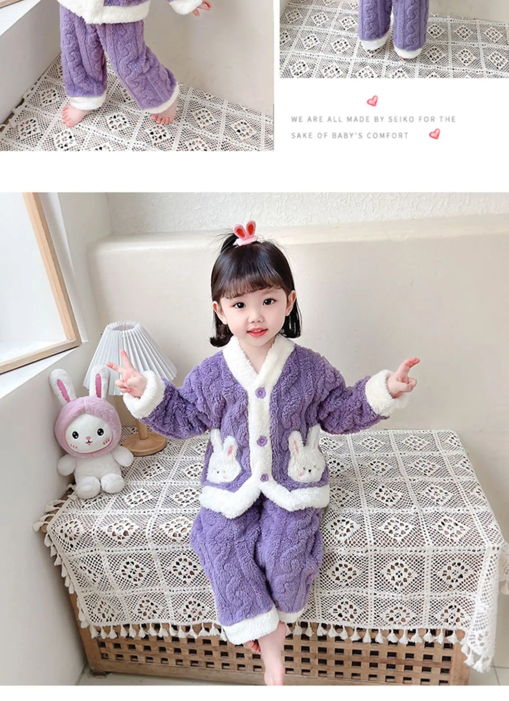 Pyjama Fille Flanelle Motif Lapin – Chaud Kawaii Automne Hiver 90-130cm
