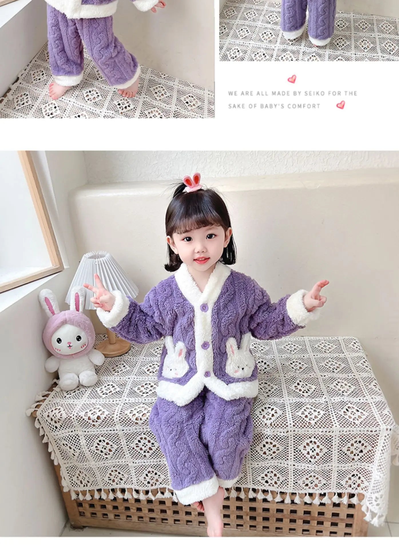 Pyjama Fille Flanelle Motif Lapin – Chaud Kawaii Automne Hiver 90-130cm
