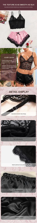 2025 Summer 2 Pcs Women's New Sexy Lace See-Through Pajamas Black