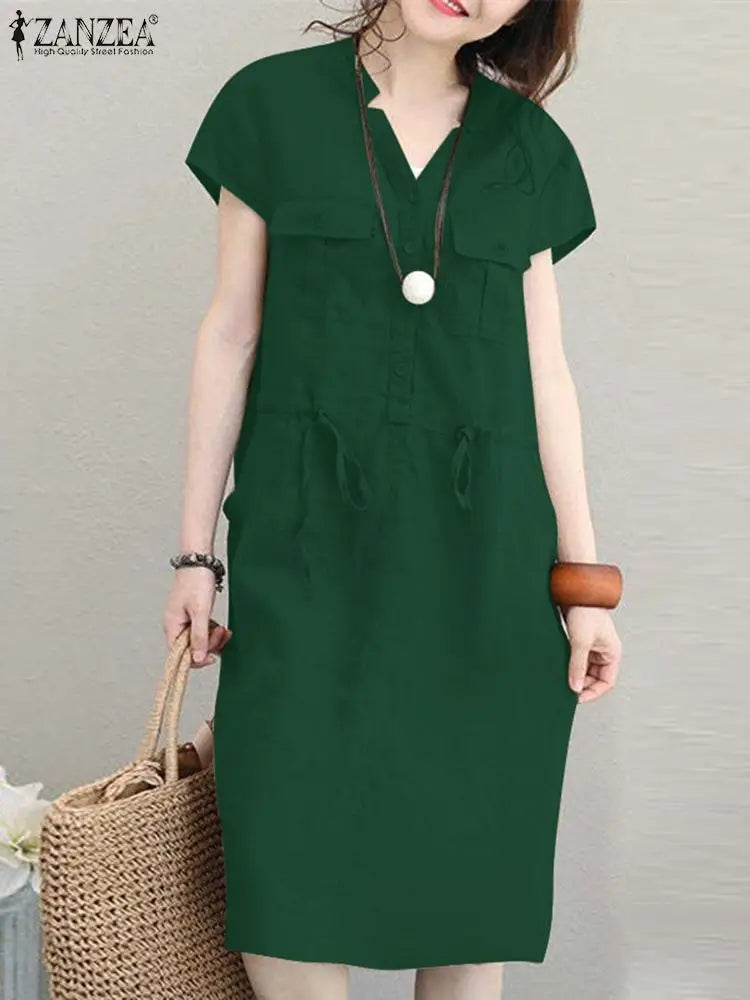 Summer Fashion Short Sleeve Dress ZANZEA Women Casual Drawstring Waist Vestidos Knee-length Robe Femme Elegant OL Work Sundress
