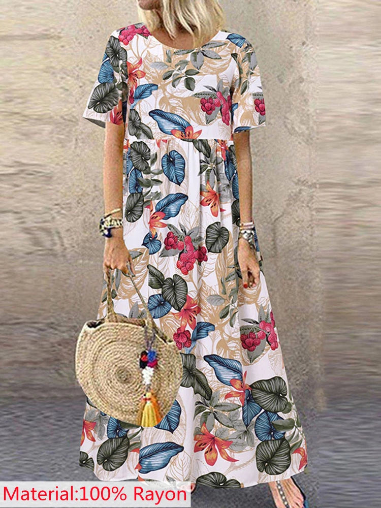 2025 ZANZEA Bohemian Holiday Sundress Summer Women Vintage Floral Printed Short Sleeve Beach Dress Loose Long Vestido Robe Femme