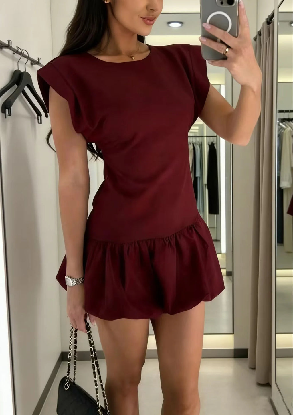 2026 Casual Dresses For Ladies A-line Dress Vestidos Simple Style Slim Ruffles Short Sleeves Solid Color All-match Simple Style