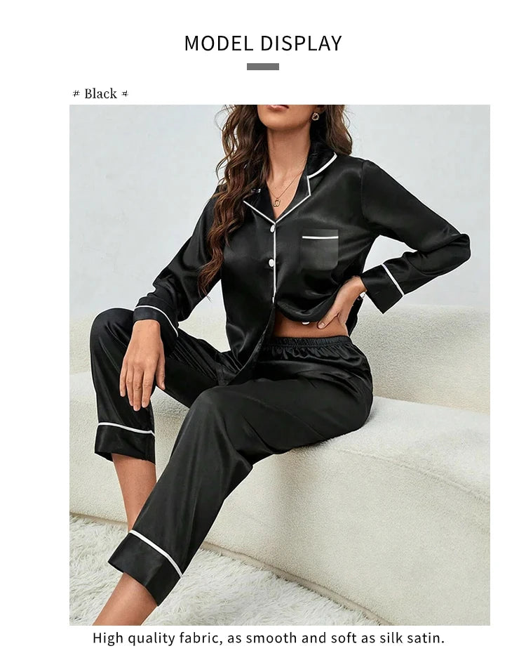 Plus Size Autumn and Winter Silk Pajamas Women Tops and Pants Solid Casual Soft Nightwear Buttons Cardigan Sleepwear Homewear