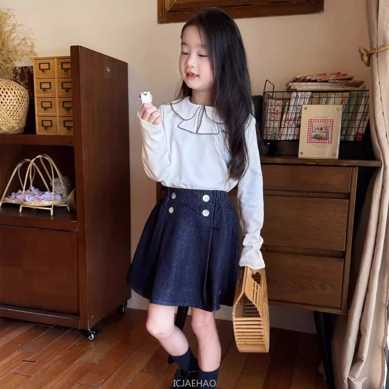 Teen Girl Clothes Children  Waist Shell Button Denim Skirt and Top Kids Versatile Casual Outfits Costumes Vintage Girls Elastic