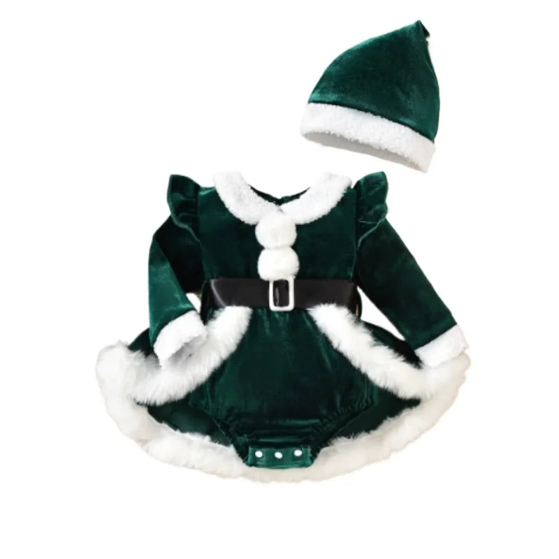 Baby Girl's Christmas Velvet Dress with PP shorts & Hat Set ,Pom pom Trim baby girl clothes,크리스마스 아기의상 ,vestido bebê menina luxo