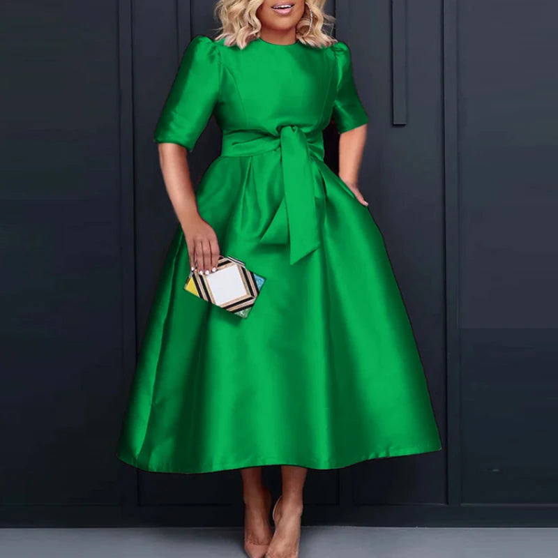 Plus Size Women Stain Dress 2024 Summer Sexy Puff Sleeve Evening Party Dress VONDA Beach Sundres Casual Loose Robe Vestidos