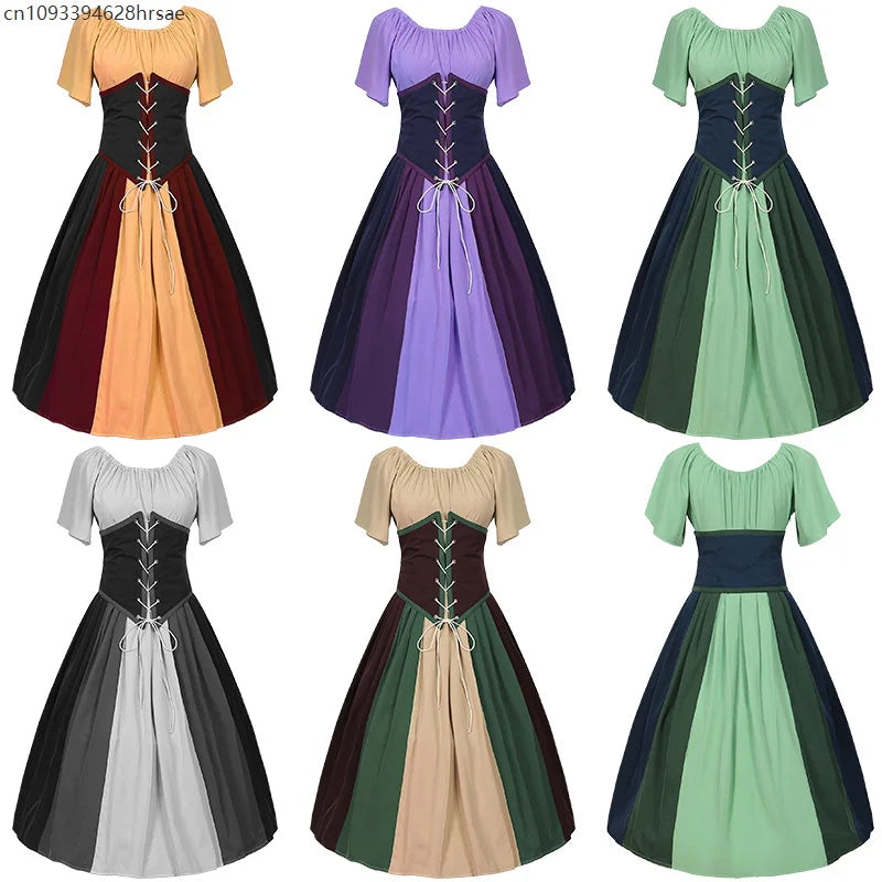 Costumes Halloween pour femmes,robe trapèze rétro médiévale,couleur contrastée,robe à épaules en un mot