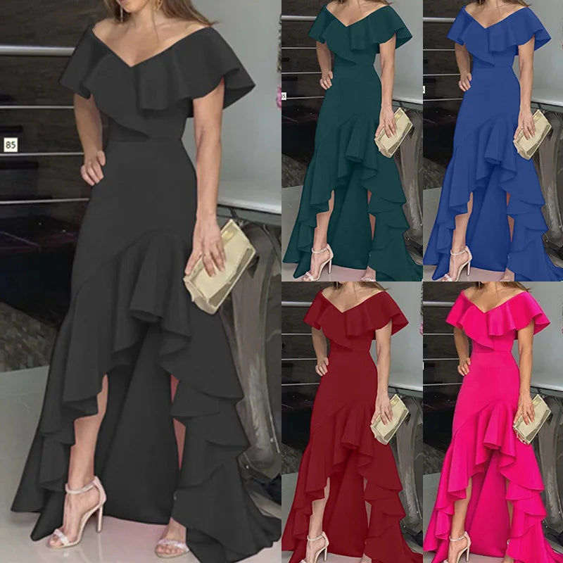 New Sexy V Neck Ruffles Party Dress Femme Elegant Summer Fashion Solid Sleeveless Slim Irregular Maxi Dresses For Women Robe