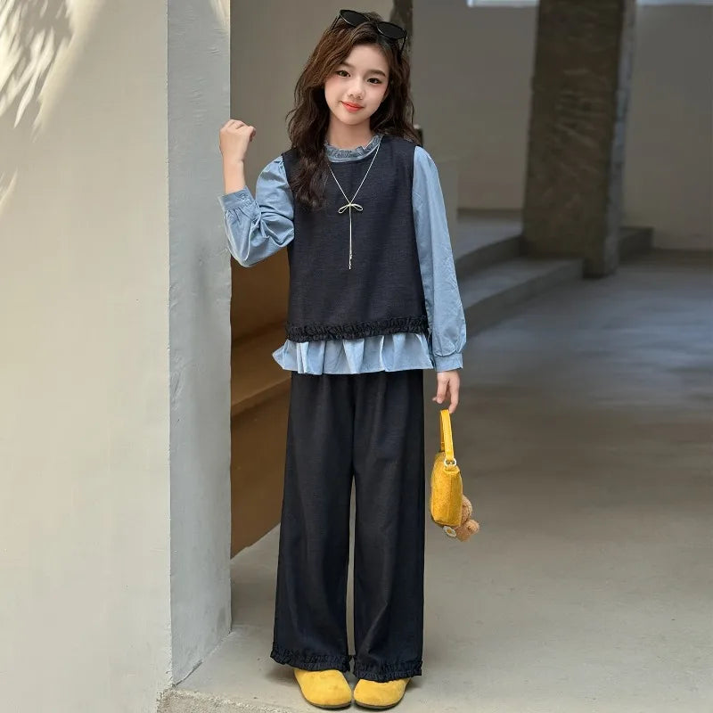 Back To School Clothing for Girls Outfits Set Toddler Kids Vest +Blue Shirt + Pants 3pcs Teens Kids Costumes Spring Autumn 2025