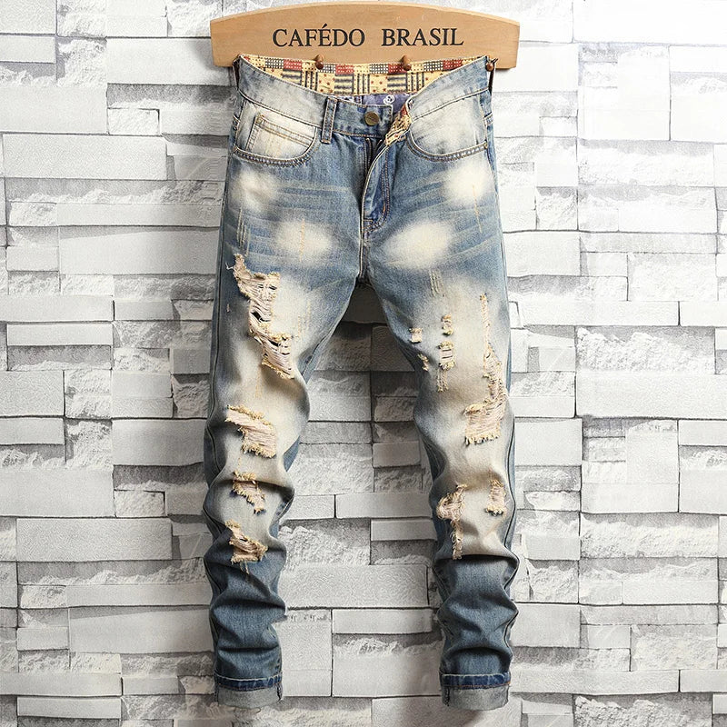 Jean homme déchiré bleu vintage – Streetwear délavé