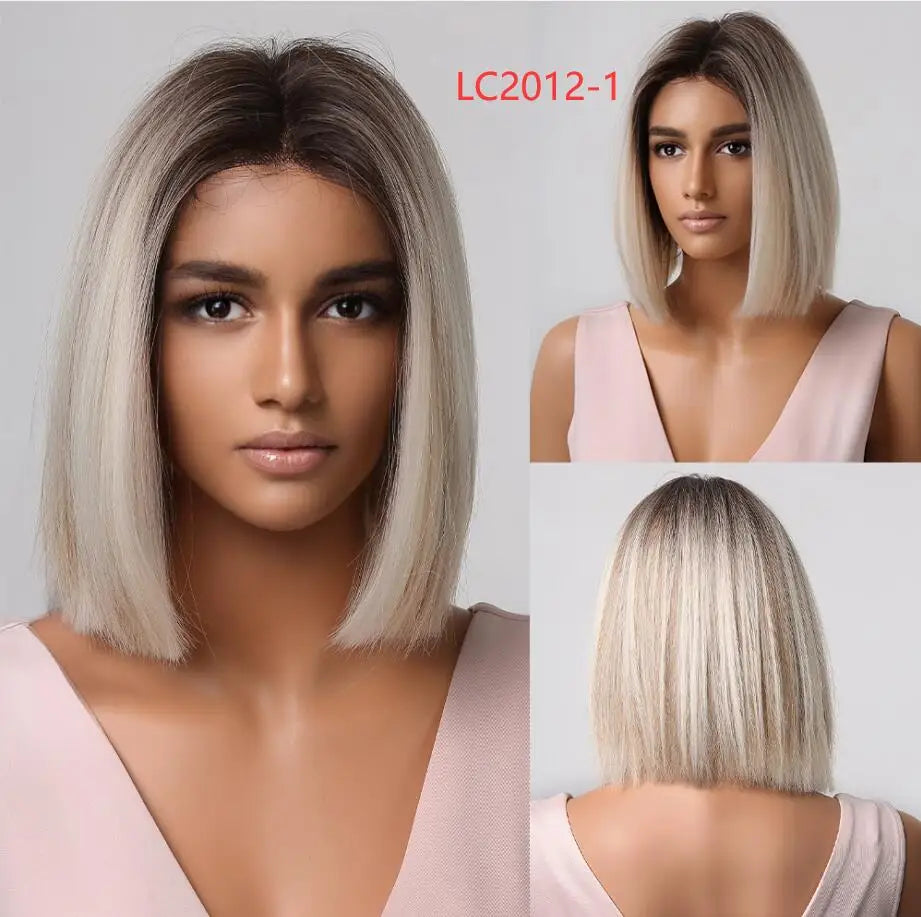LOUIS FERRE Short Blonde Highlight Brown Bobo Wigs For Women Daily Cosplay Natural Straight Wig High Temperature Synthetic Wigs