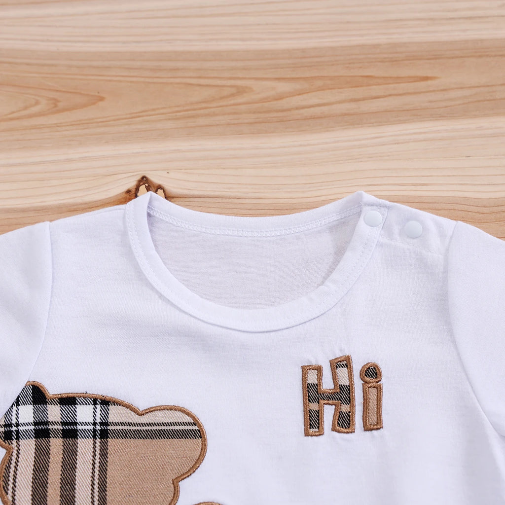 2pcs IURNXB Baby Clothes Set Infant Short Sleeve Tees+Shorts Cartoon Checked Bear Print Cute Kids Tops Pants Casual Suits 3-24M