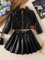 Children's Clothing for Girls, Spring and Autumn Stylish Pu Jacket and Versatile Short Skirt Two-Piece Set, New Fashion Street Style Cool Half Skirt, Easy to Clean, New Versatile Pu Leather Outfit