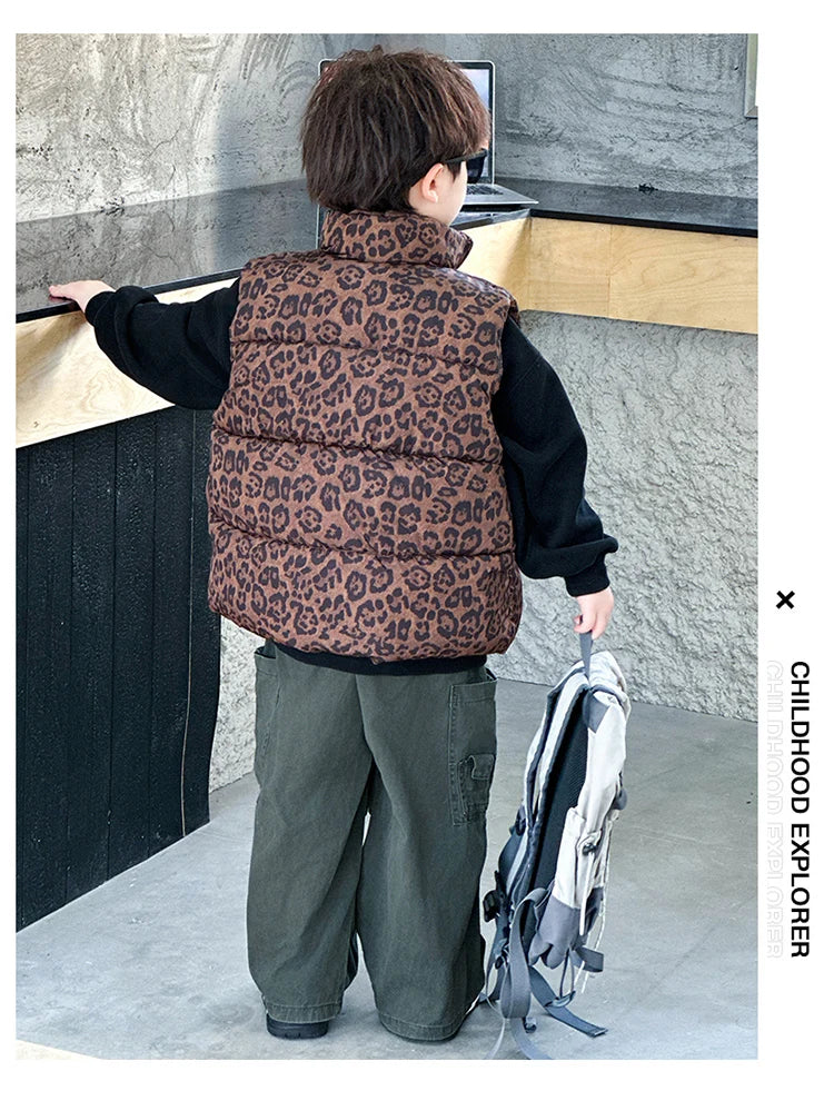 New Fashion Baby Boy Girl Leopard Print Sleeveless Vest Elegant Kids Children Winter Waistcoat Age 2 3 4 5 6 7 8 9 10 11 Years