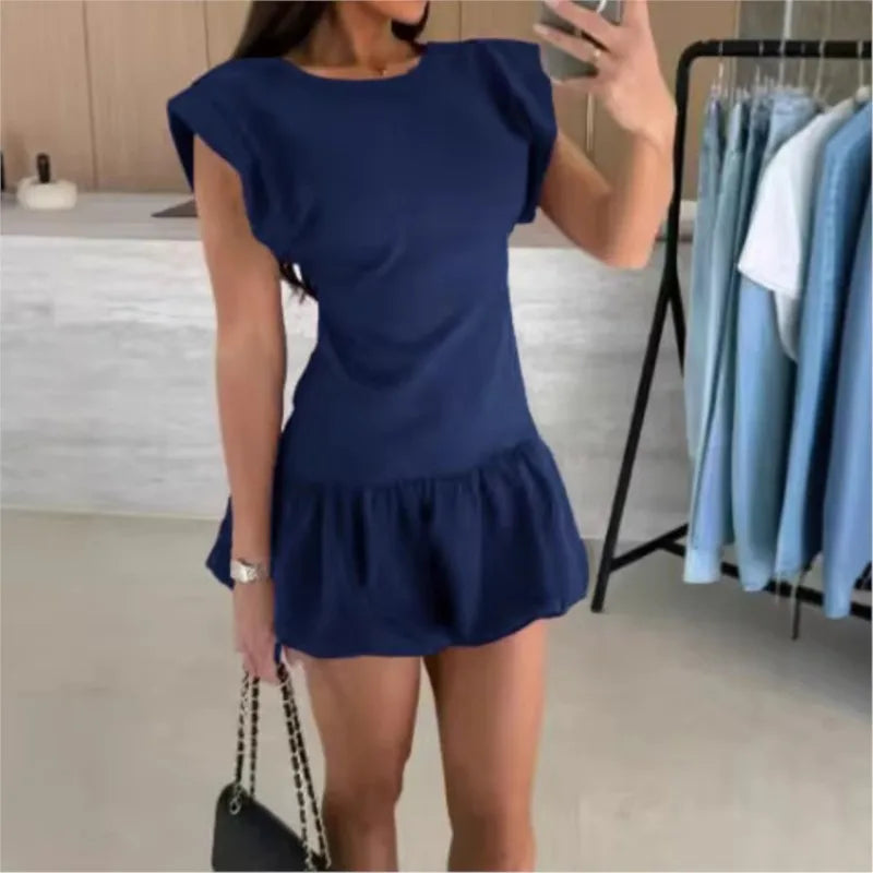 2026 Casual Dresses For Ladies A-line Dress Vestidos Simple Style Slim Ruffles Short Sleeves Solid Color All-match Simple Style