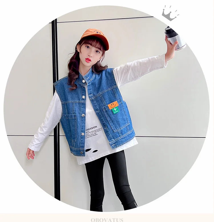 New Fashion Kids Girl Denim Vest Wasitcoat with Smile Face Outerwear Vintage Blue Children Casual Sleeveless Denim Jacket Outfit