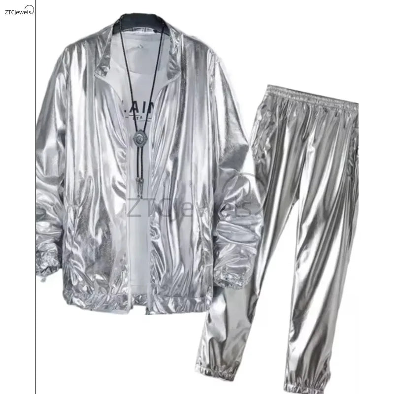 Adults Men's Shiny Metallic Suits Adult Disco Outfit Jacket Pants Halloween Dress Up Nightclub Dance Rave Cosplay Costume