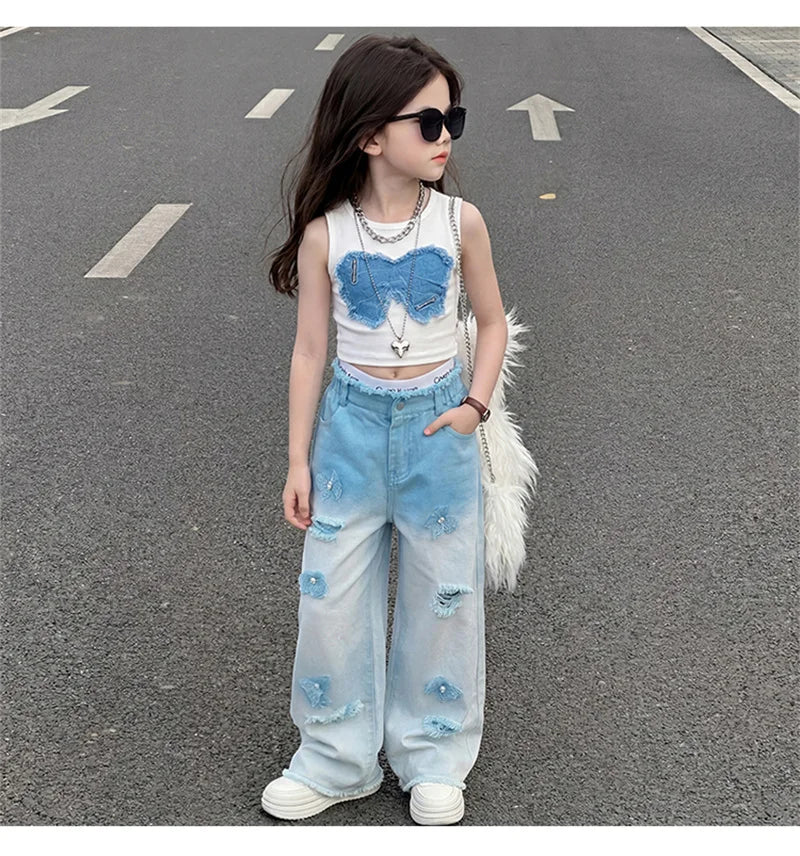 Teenage Girls Clothing Sets Hot Deals Bow Crop Top+Hole Wide Leg Jeans with Butterfly 2Pcs Fashion Gradient Child Clothes Suits