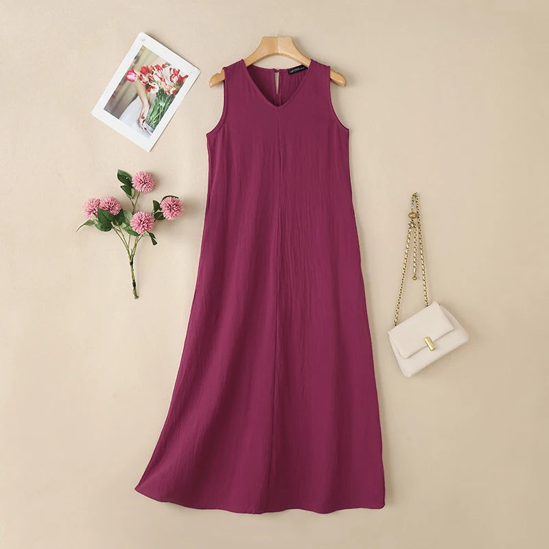 ZANZEA Plus Size Cotton Sleeveless Dresses 2025 Summer Womens Casual V Neck Solid Sundress Loose Vestidos Vintage Robes Femme
